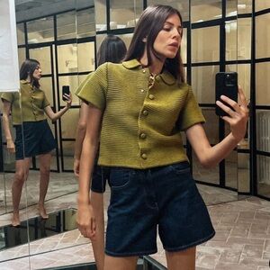 NWT Zara Green CHUNKY KNIT PETER PAN COLLAR CARDIGAN